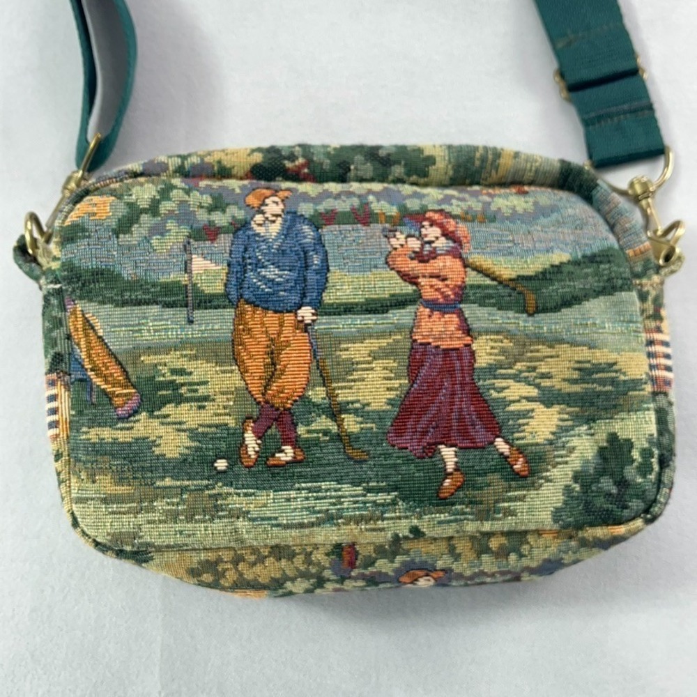 Holdings Fine Accessories Crossbody Bag Women's Green Tapestry Golf Scene - Picture 8 of 11